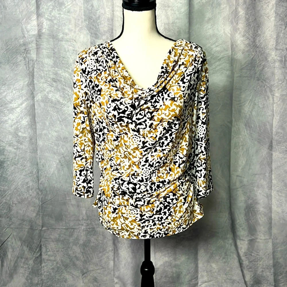 Style & Co. Tan, Black & Cream with Gold 3/4 Sleeve Blouse - size LP